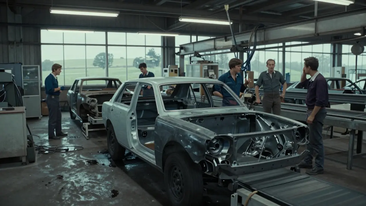 Chaotic 1970s car factory floor with incomplete vehicles and frustrated workers