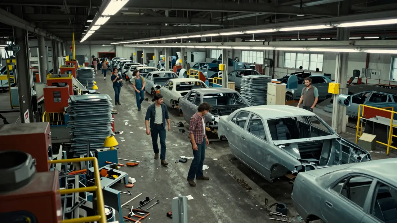 Chaotic 1970s car factory floor with rushed workers and stalled assembly lines