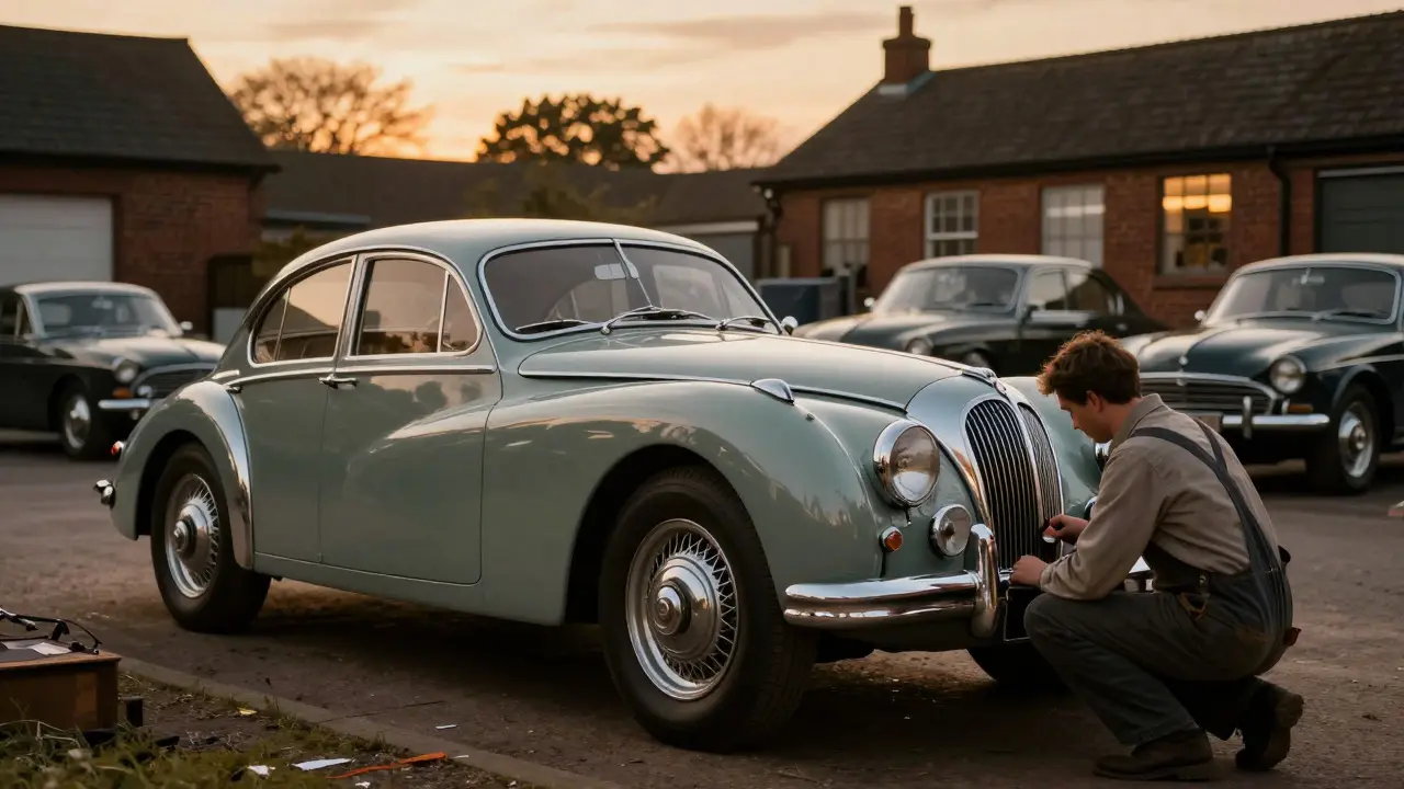 Classic 1950s luxury car parked outside a workshop at dusk