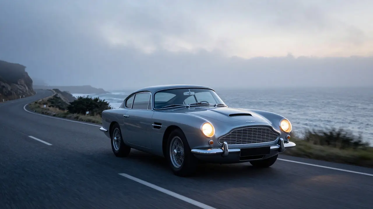 Classic Aston Martin DB4 driving on a coastal road at dawn with cinematic lighting