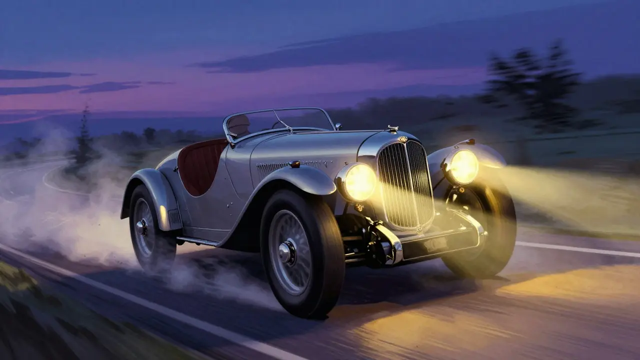 Classic Bentley sports car speeding on a winding road at dusk