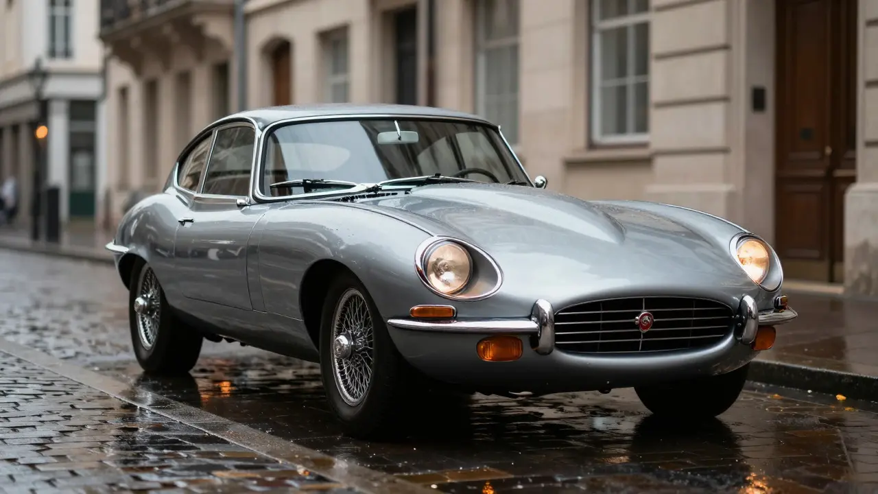 Classic silver Jaguar E-Type parked on a wet city street