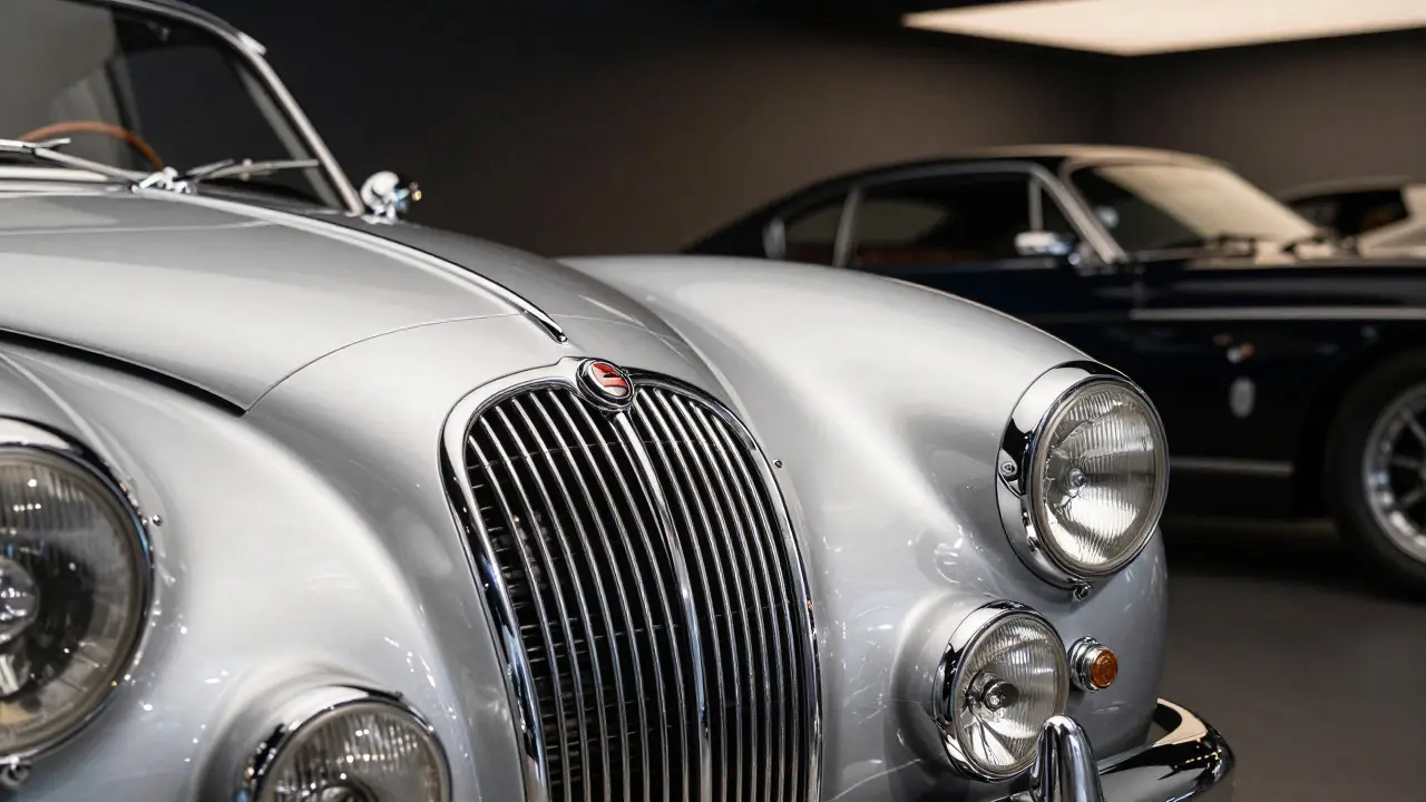 Close-up of a 1951 Jaguar C-Type front grille in a showroom