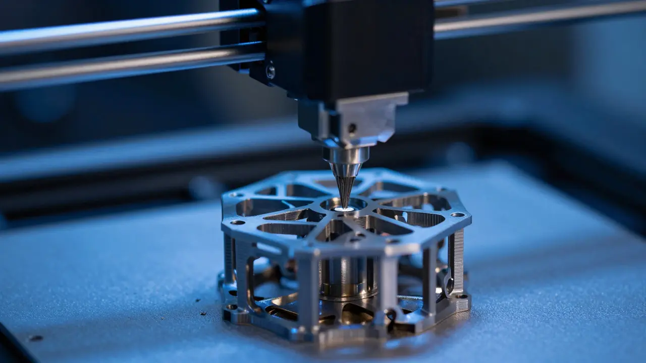 Close-up of a 3D printer building a complex metal component