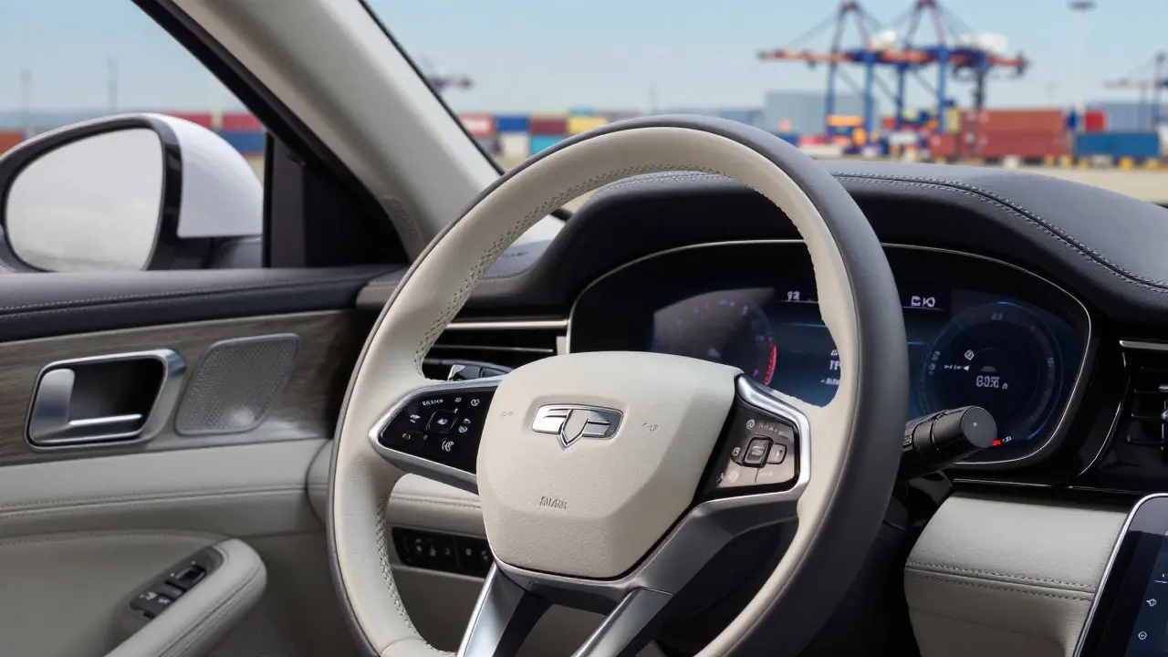 Close-up of a luxury car dashboard with a blurred view of a global logistics hub