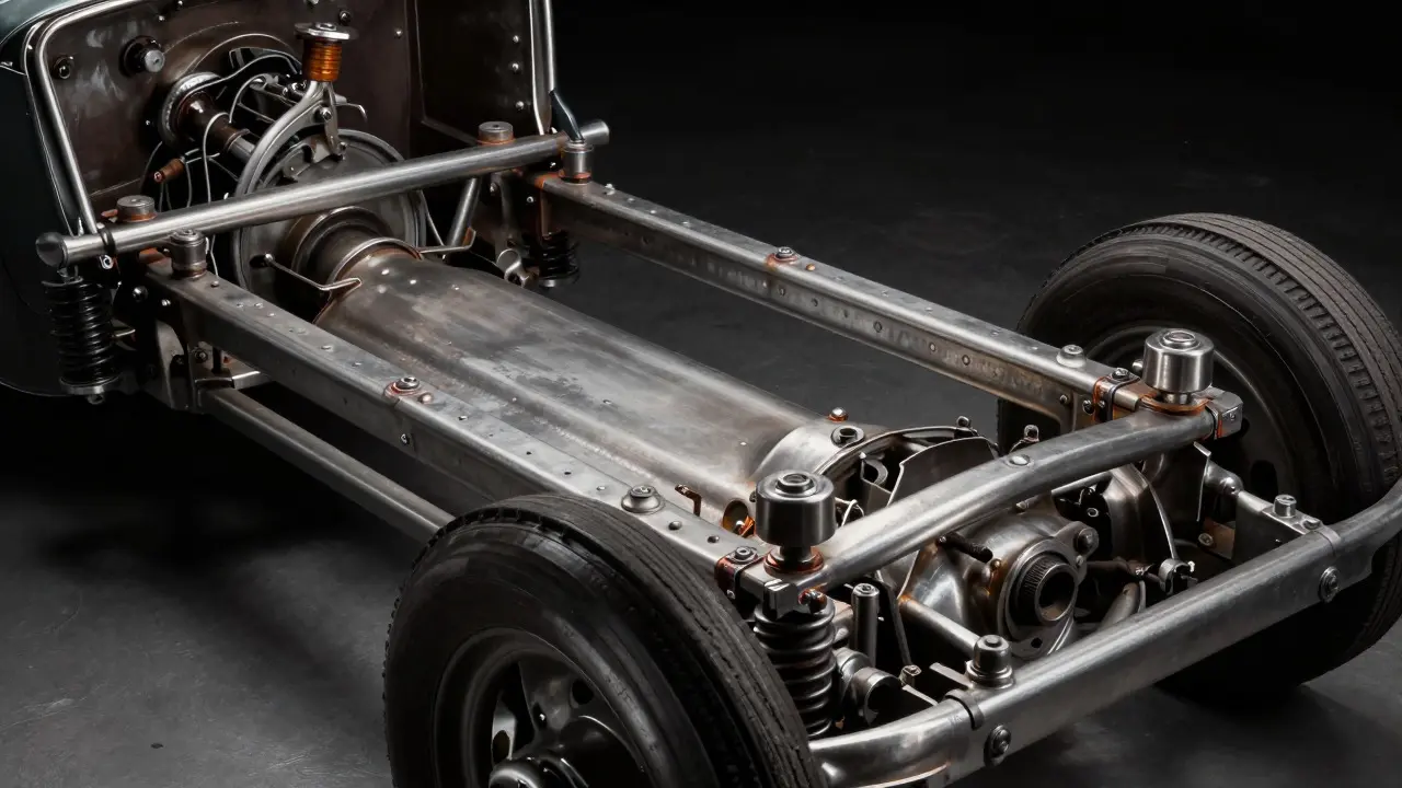 Close-up of a standardized 1930s car chassis frame highlighting mechanical parts
