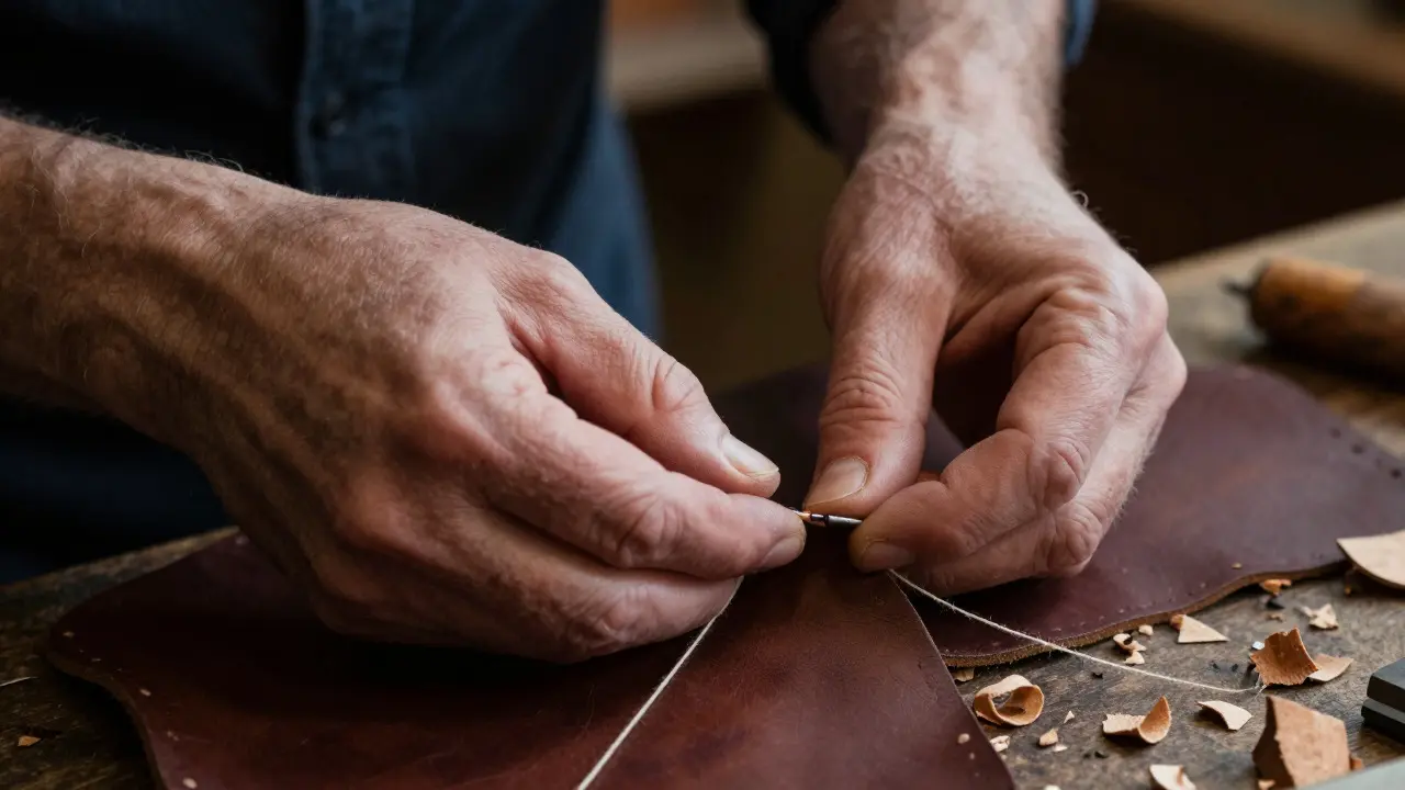 Close-up of an artisan's hands stitching leather in a traditional workshop