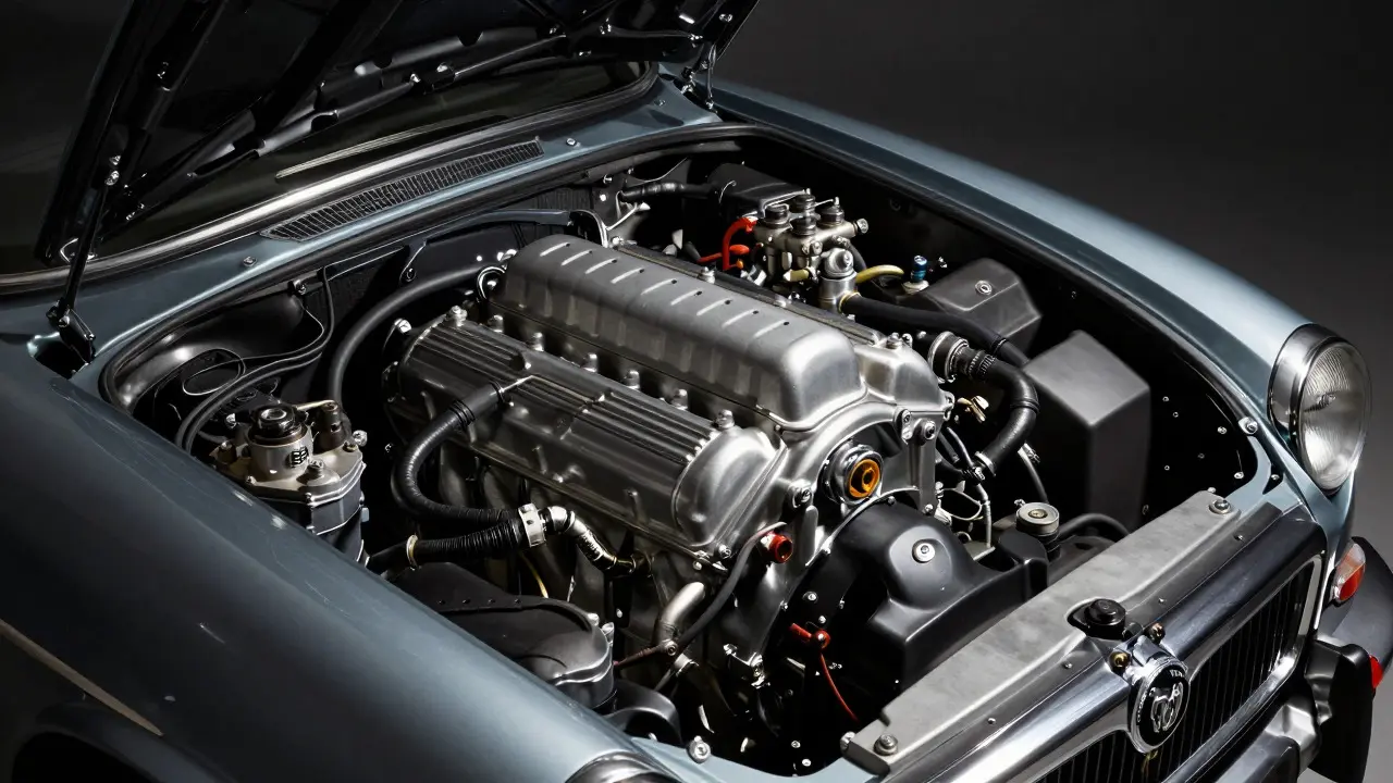 Close-up of an MGB engine bay with detailed mechanical components