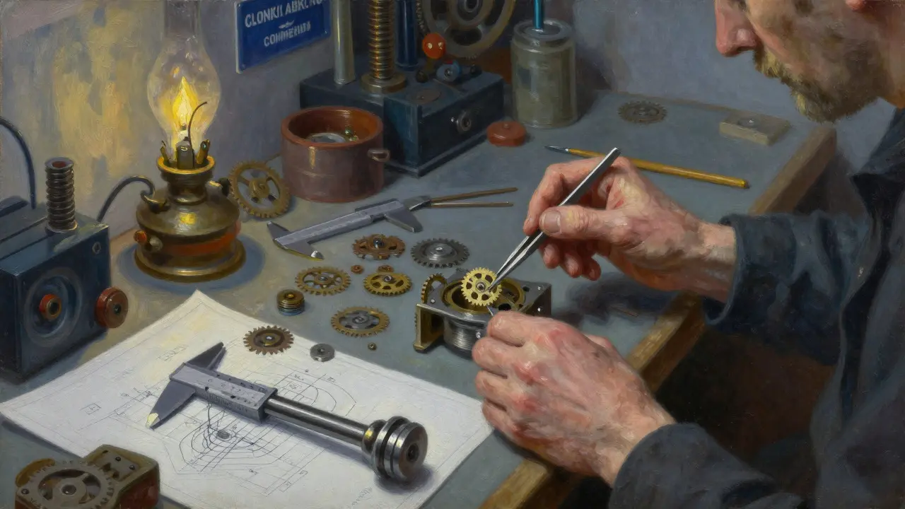 Close-up of hands assembling tiny gears on a workbench with car blueprints