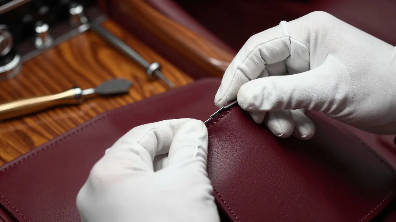 Close-up of hands stitching premium leather in a workshop