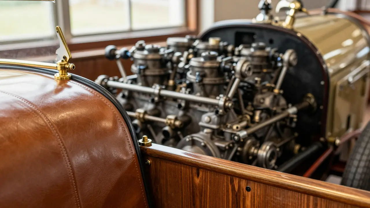 Close-up of luxury leather and brass car interior details