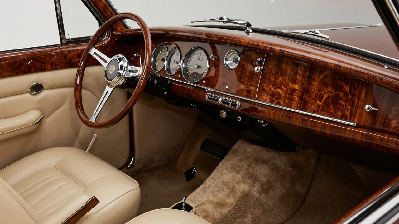 Close-up of mahogany wood and leather interior of a 1930s luxury car