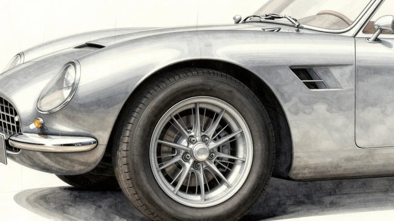 Close-up sketch of a classic car wheel arch highlighting negative space and hand-finished details