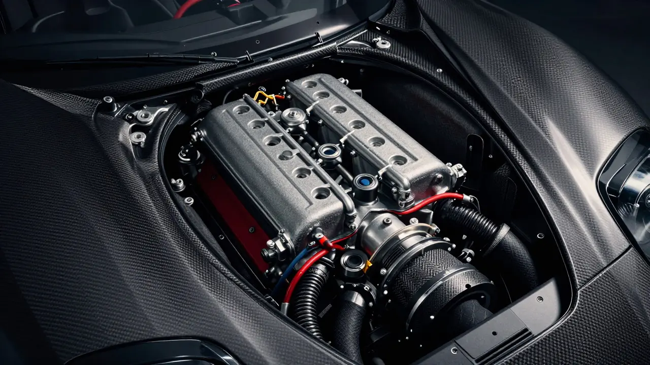 Close-up view of the McLaren F1 V12 engine and carbon fiber chassis