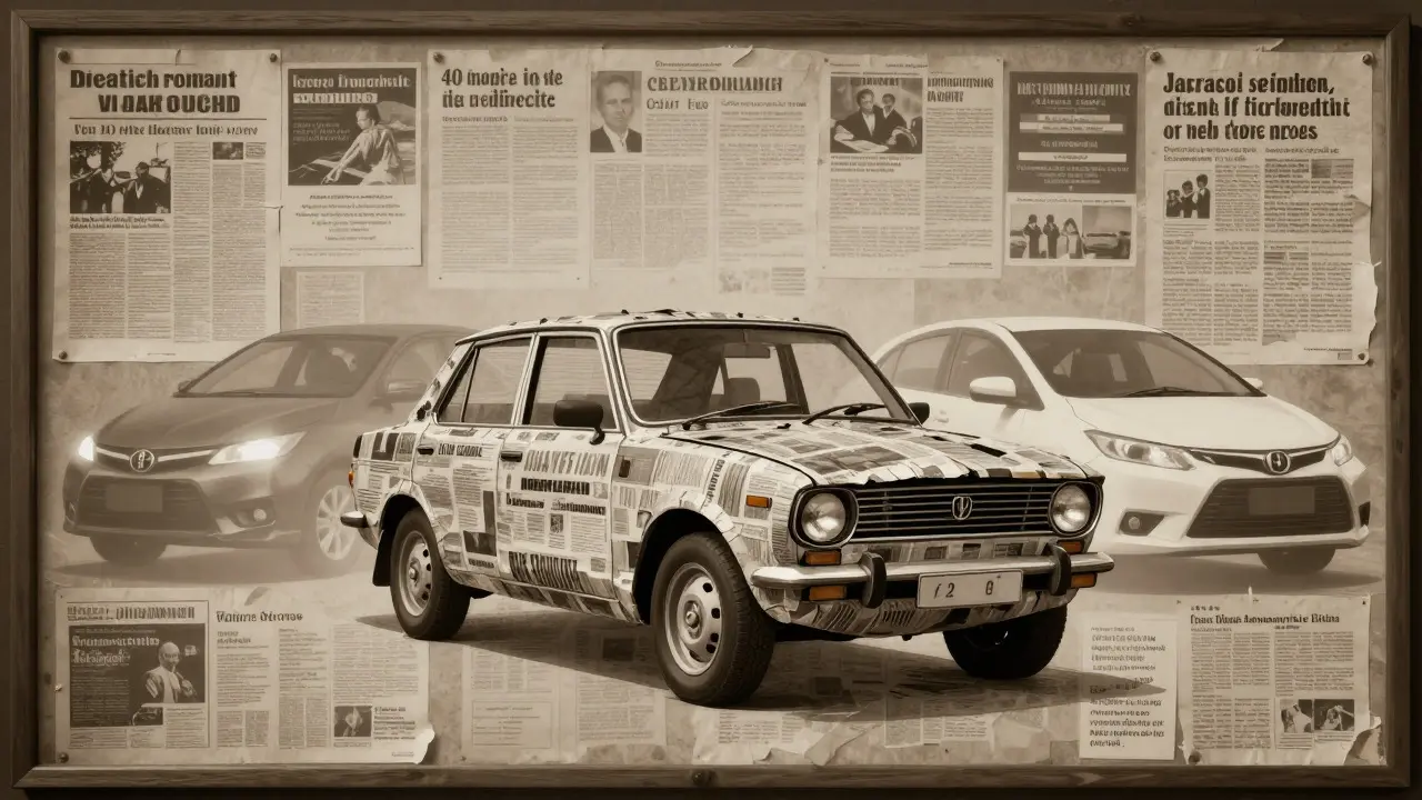Collage art of a car made from news clippings with Japanese car silhouettes emerging