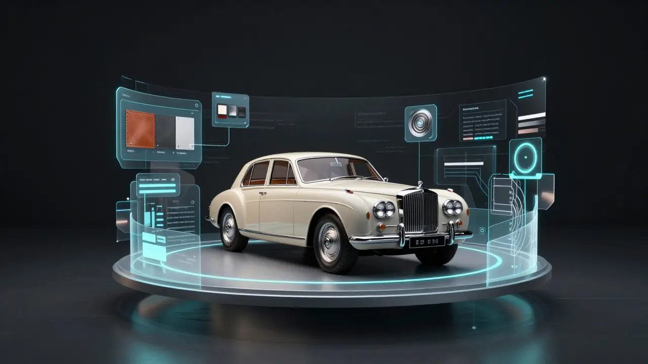 Conceptual 3D car model surrounded by glowing digital data streams and design options