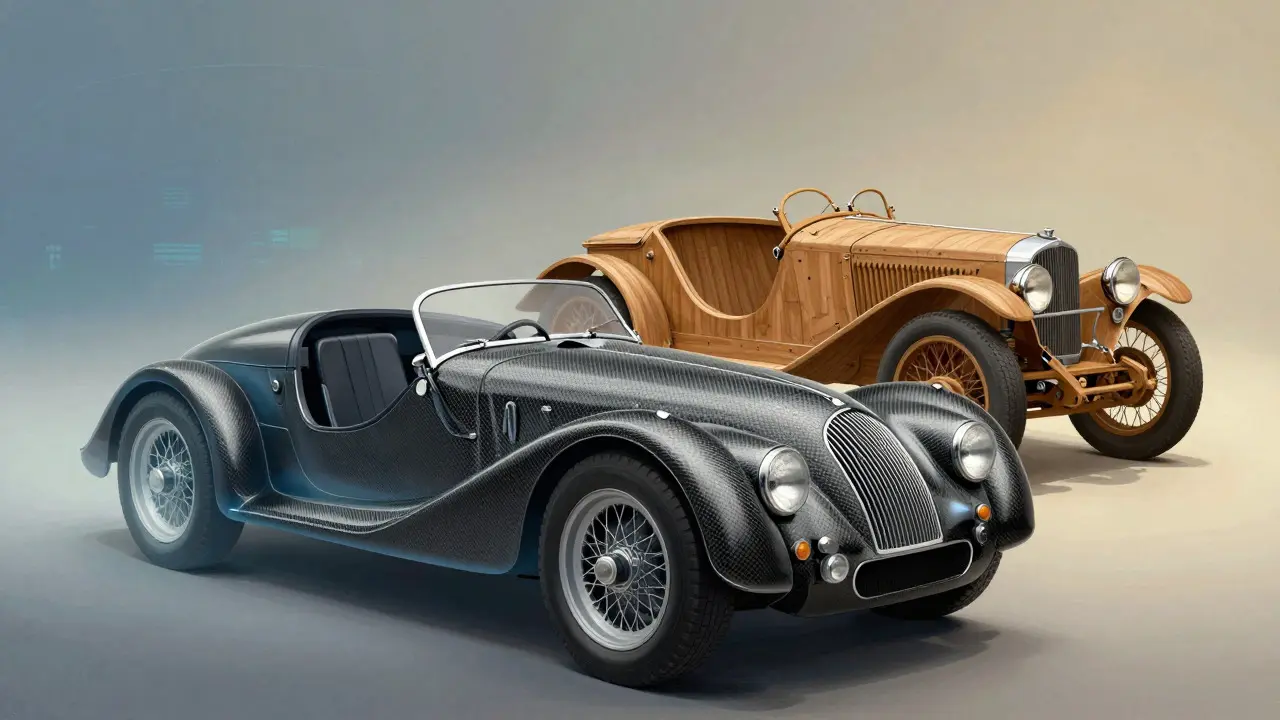 Conceptual art comparing a wooden car chassis with a modern carbon fiber frame