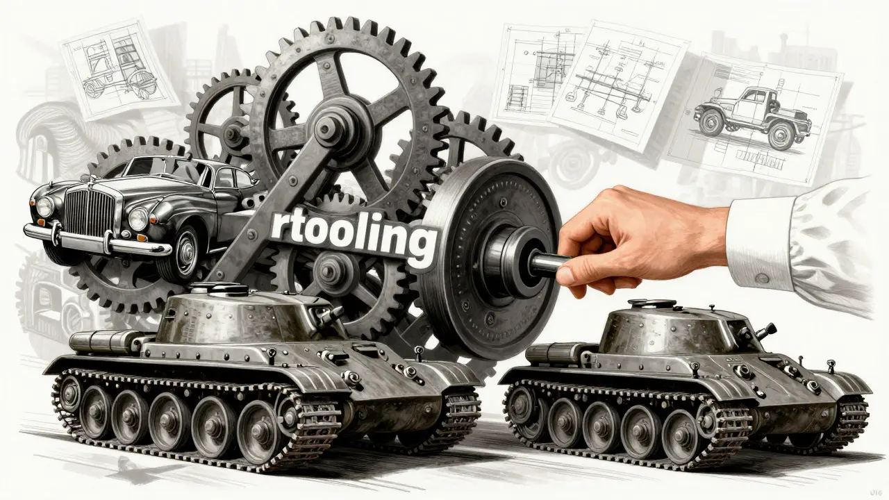 Conceptual art of industrial gears shifting from luxury car parts to military vehicle components