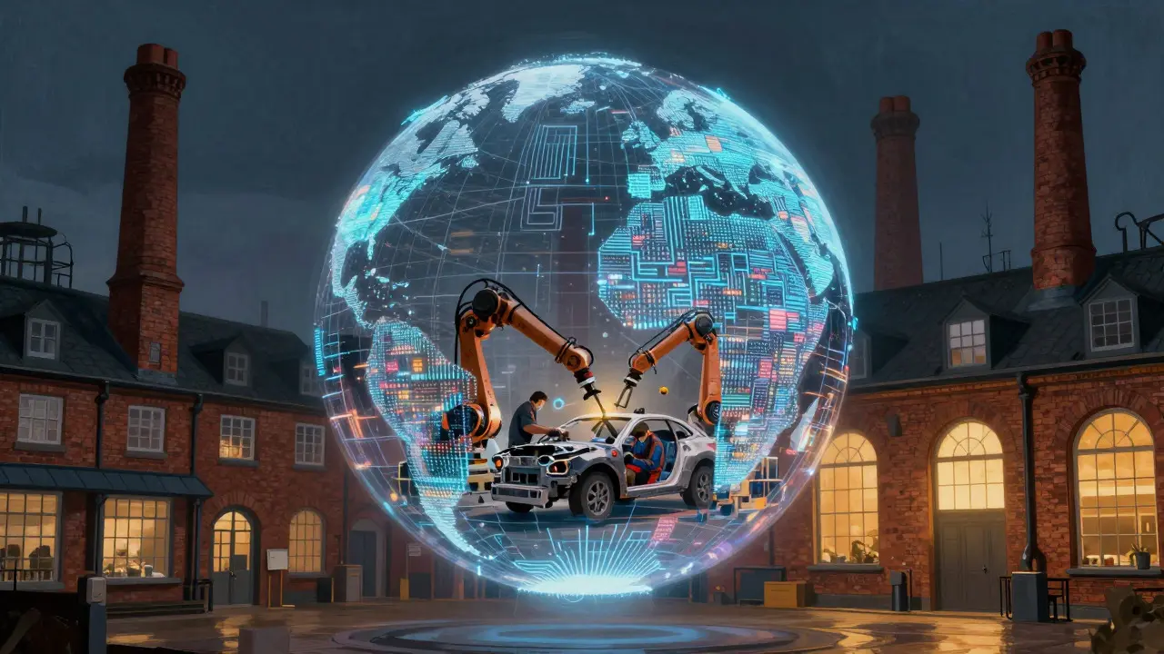 Conceptual art showing a digital globe hovering over a traditional British car factory