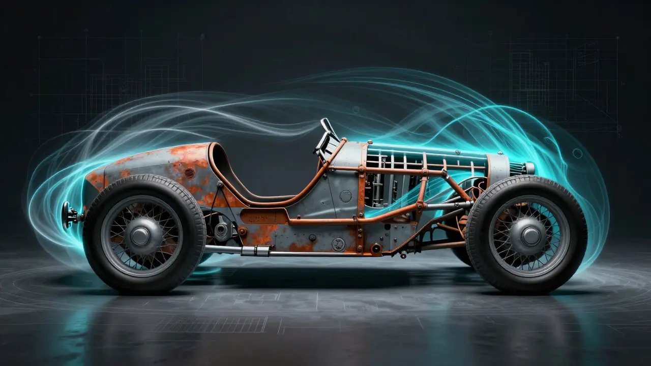 Conceptual art showing a vintage car chassis overlaid with modern aerodynamic airflow lines