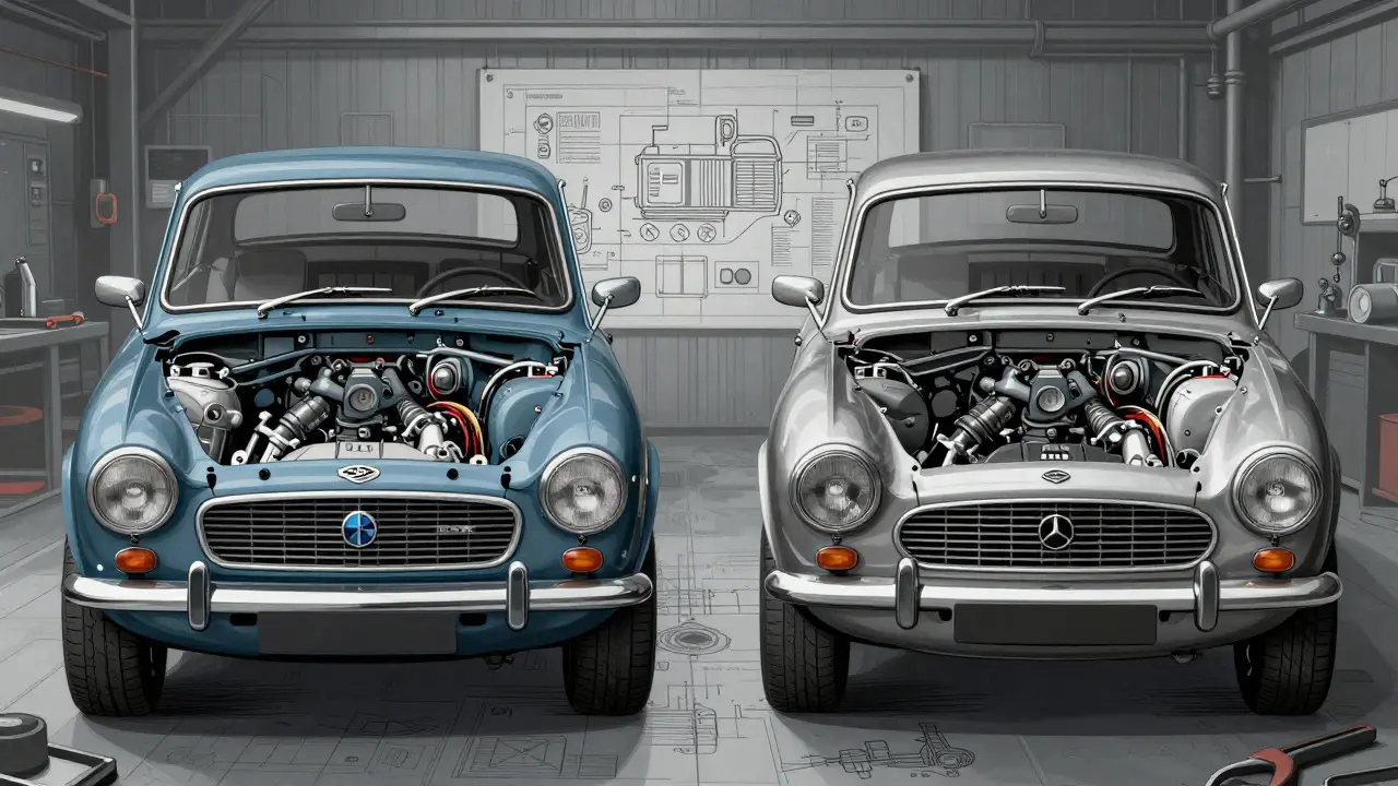 Conceptual art showing identical car chassis with different exterior badging
