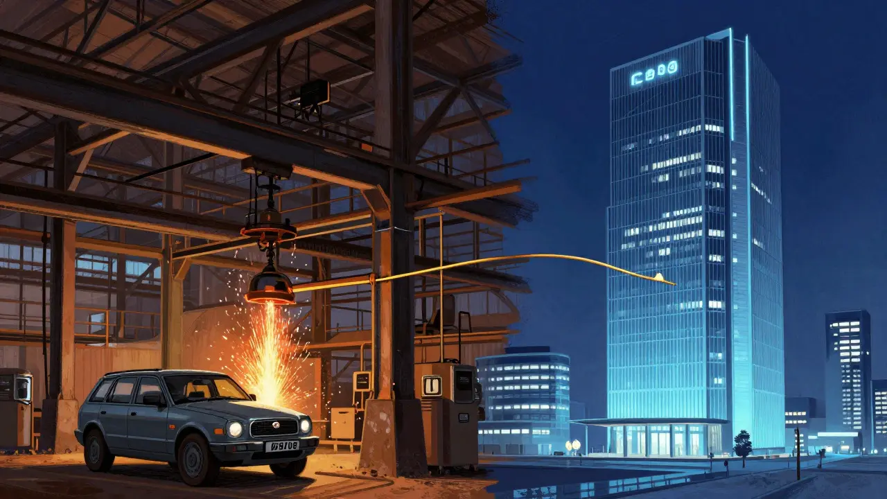 Conceptual art showing the connection between British factories and Indian corporate headquarters