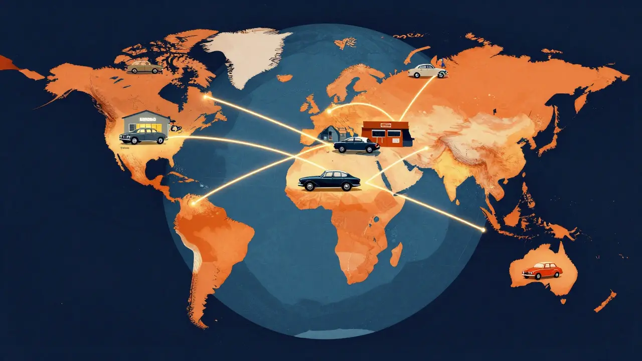 Conceptual illustration of global connections between British car dealers
