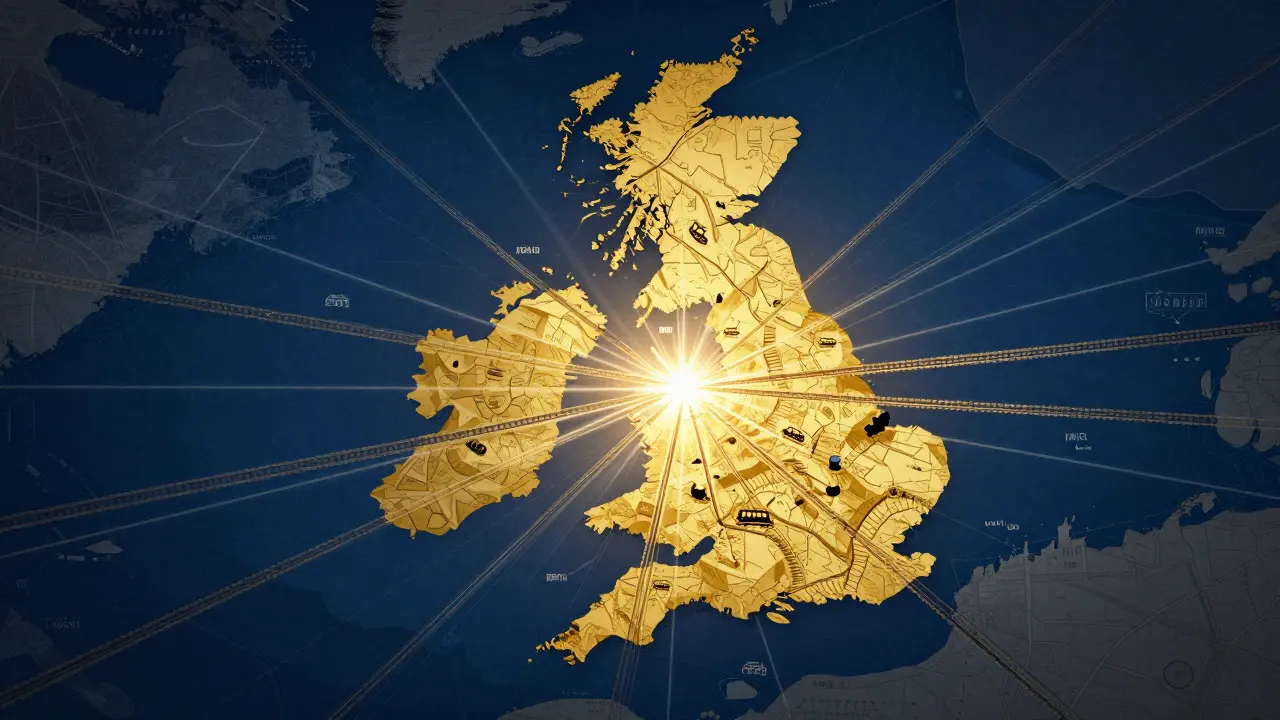Conceptual map showing Manchester as a central hub for efficient vehicle distribution across the UK