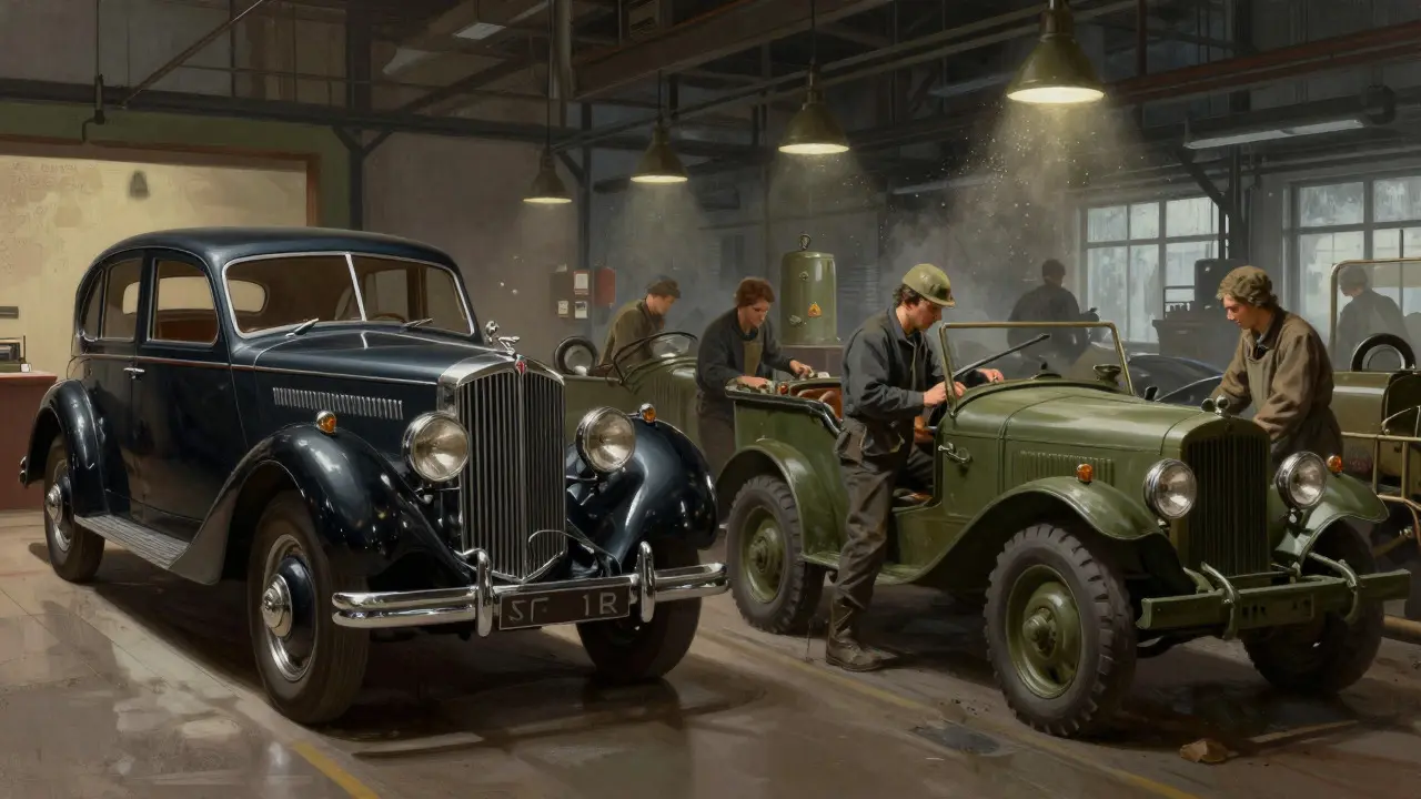 Contrast between a luxury civilian car and a wartime military vehicle assembly line.