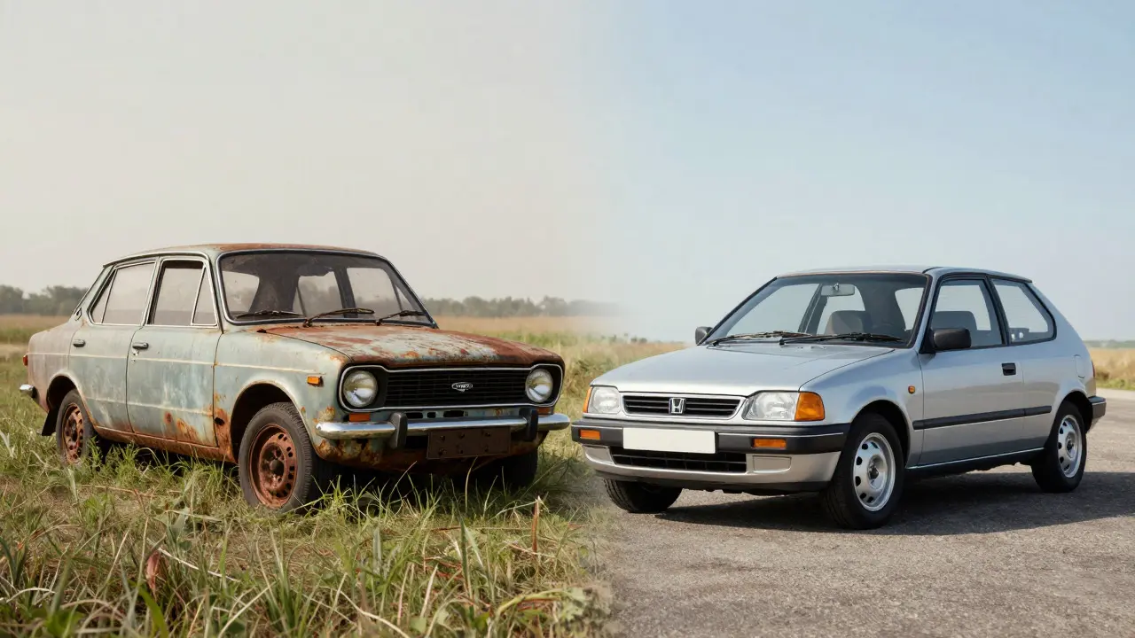 Contrast between a rusty old British car and a clean modern Japanese car
