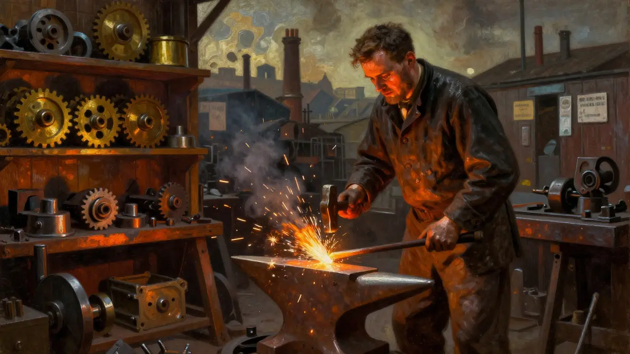Craftsman forging steel in a historic Birmingham metal workshop