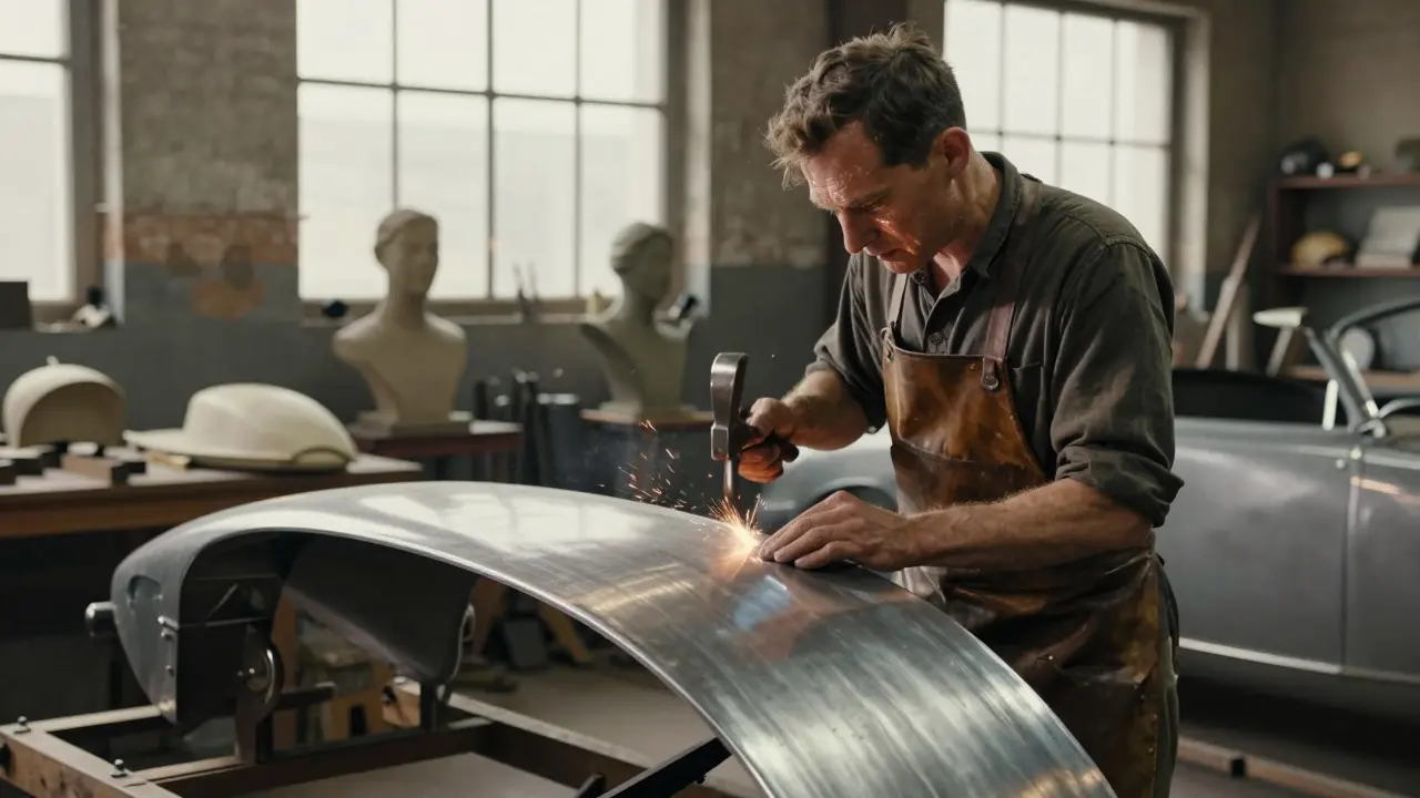 Craftsman hand-beating metal for a custom car body in a historic shop