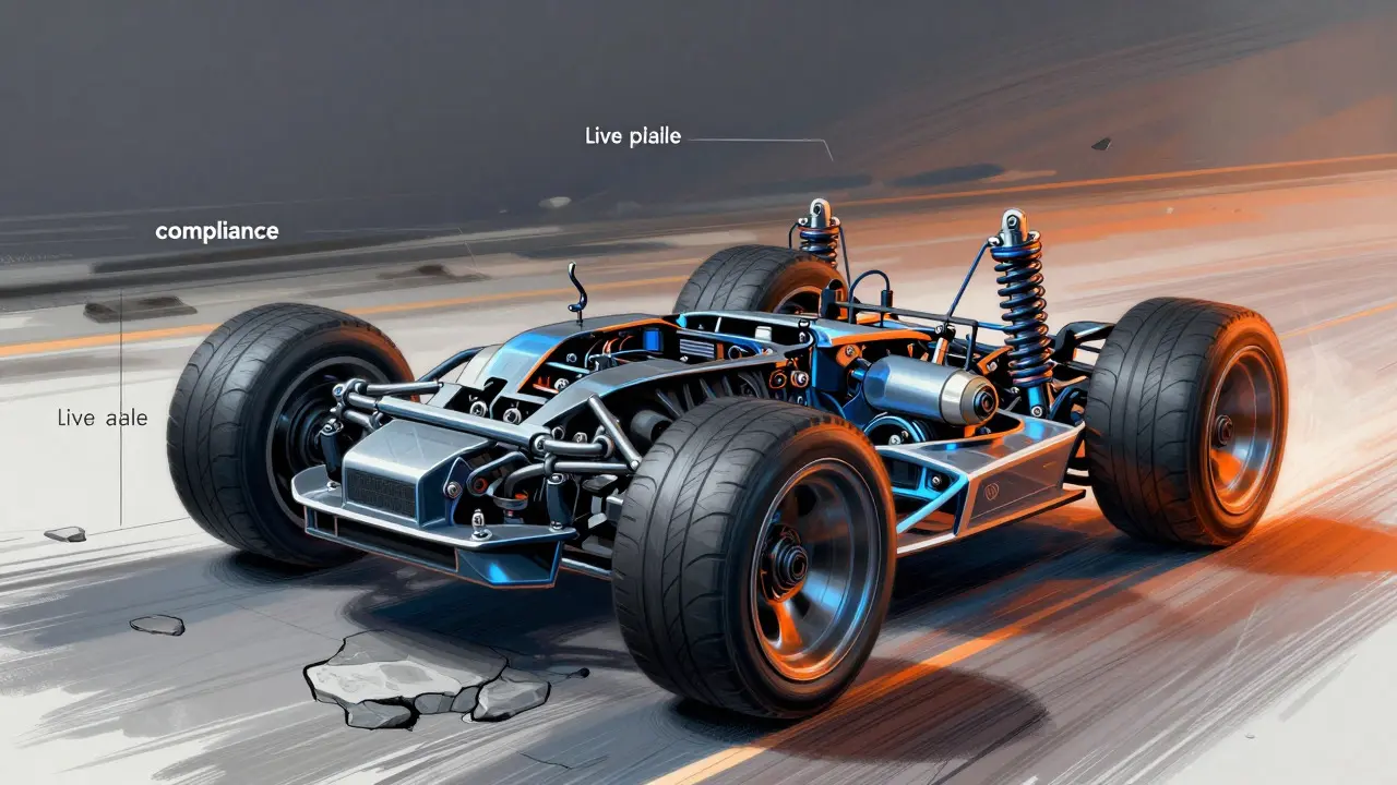 Cutaway illustration of a sports car suspension system in motion