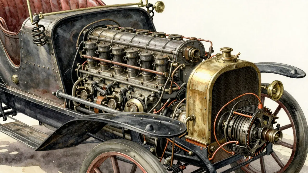 Detailed view of an Edwardian car engine bay showcasing carburetors and chassis components.