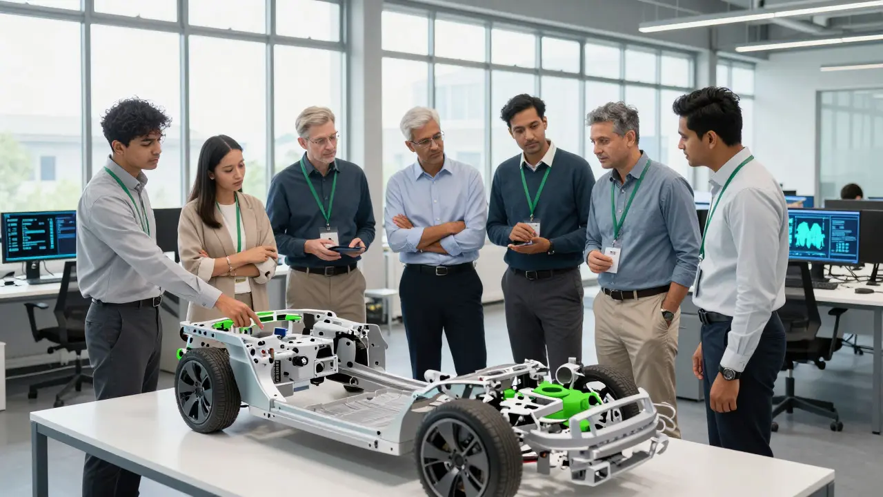 Diverse team of engineers examining an electric vehicle chassis model in a studio