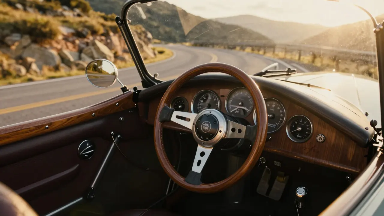Driver's view from inside a Morgan Plus 4 on a winding road