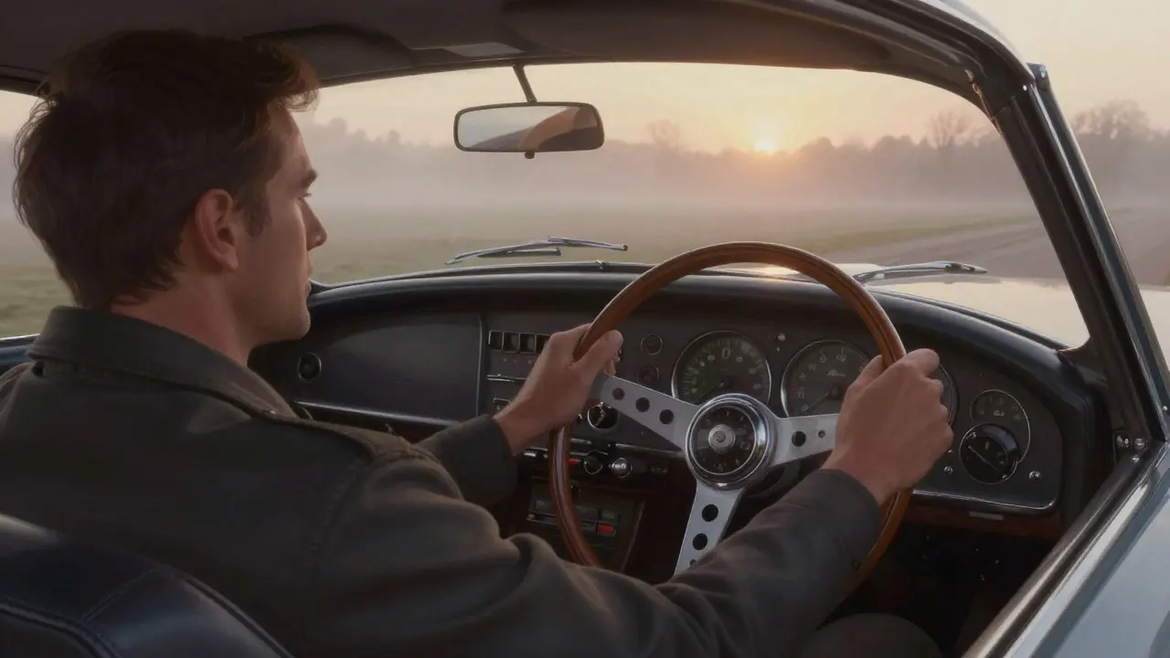 Driver's view from inside a vintage Jaguar XK120 at dawn with hands on the wheel