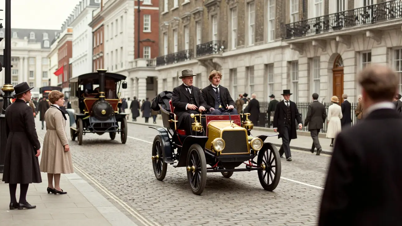 Early petrol car driving on a London street without a red flag bearer, circa 1896