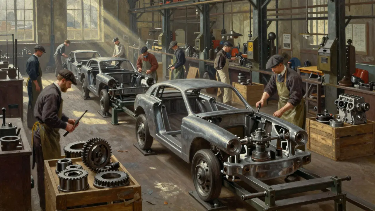 Edwardian era factory interior showing car assembly line processes