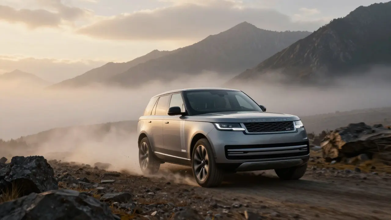 Electric Range Rover driving on a rugged mountain path at sunrise