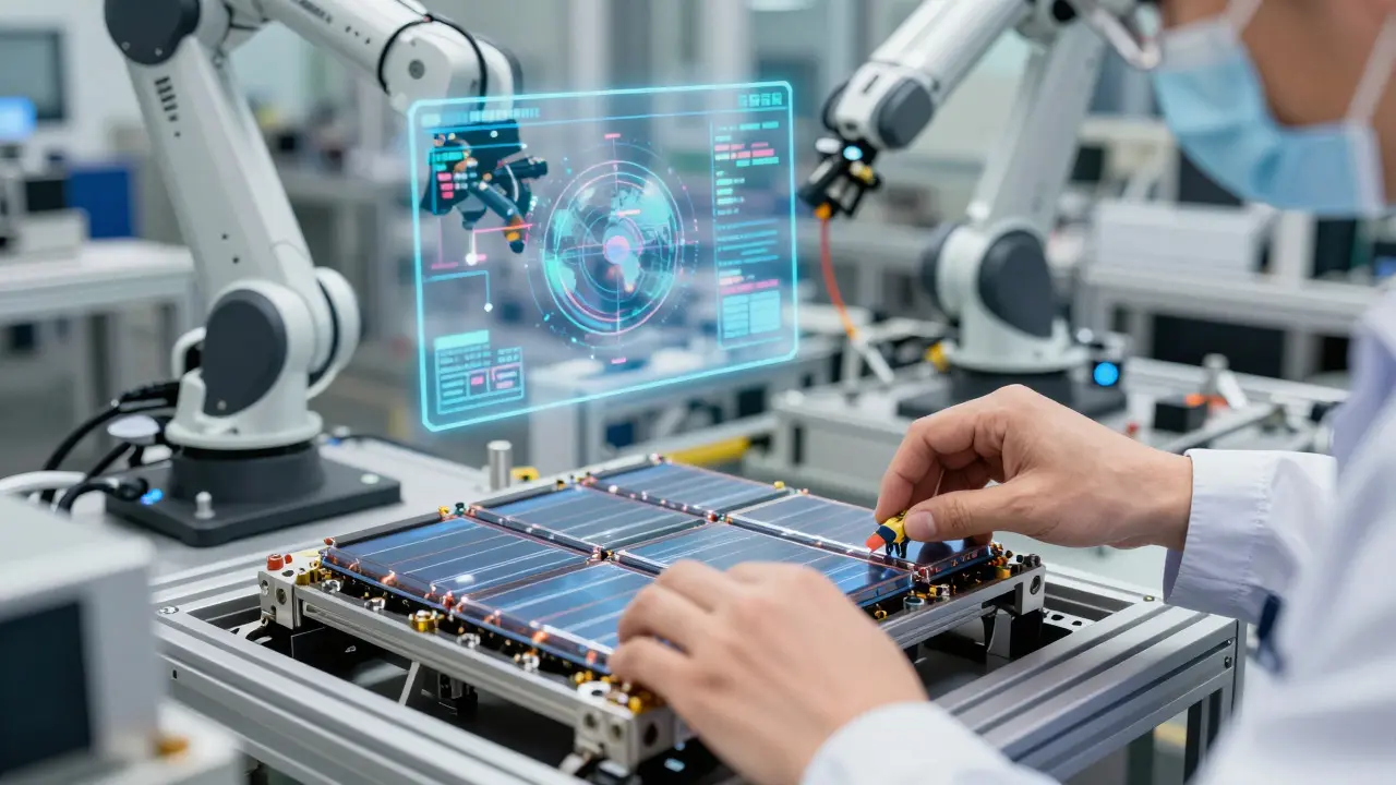Engineer assembling an electric vehicle battery in a high-tech UK manufacturing facility