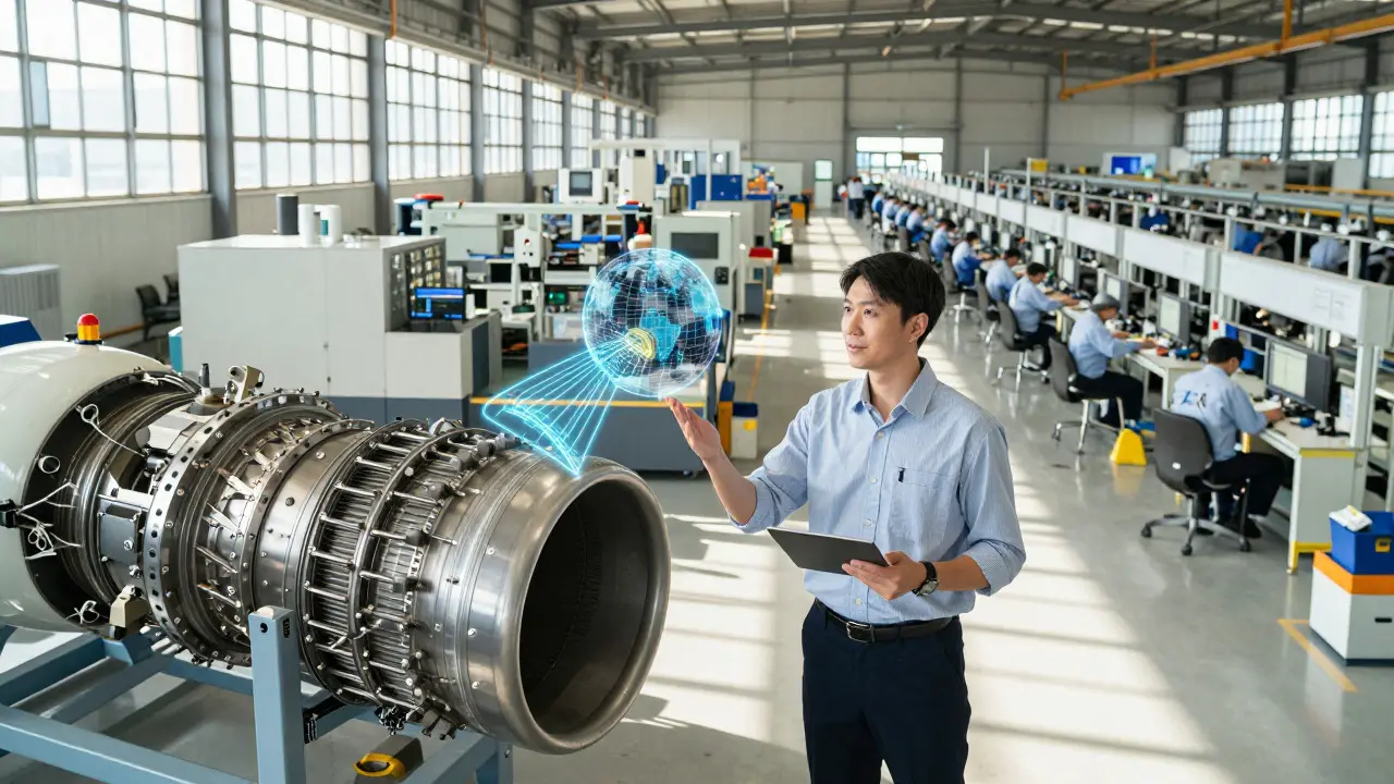 Engineer collaborating across borders with views of German and Japanese factories