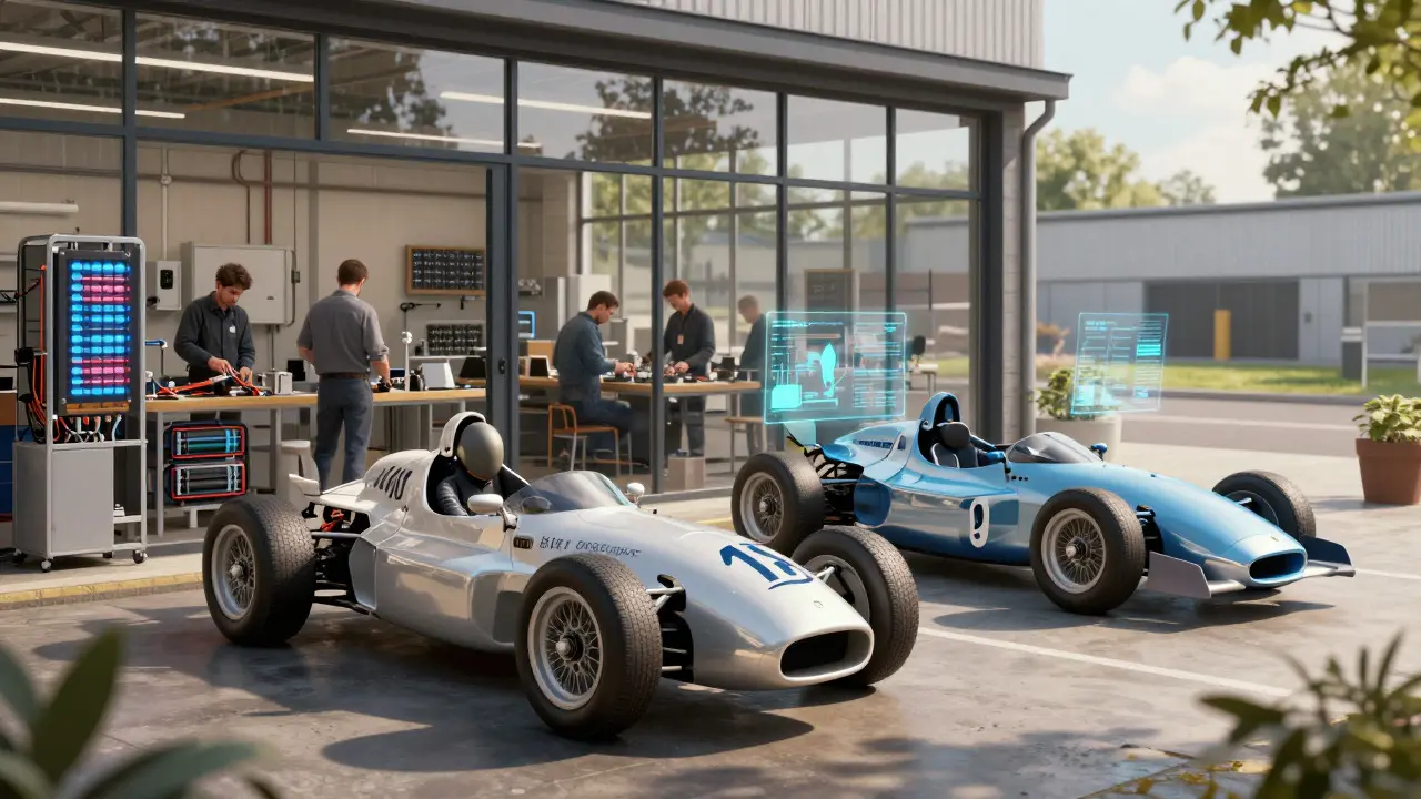 Engineers designing battery systems in a UK motorsport workshop