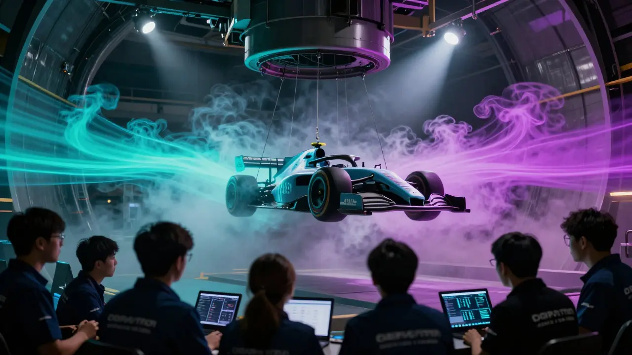 Engineers observing airflow visualization on a racing car model in a wind tunnel