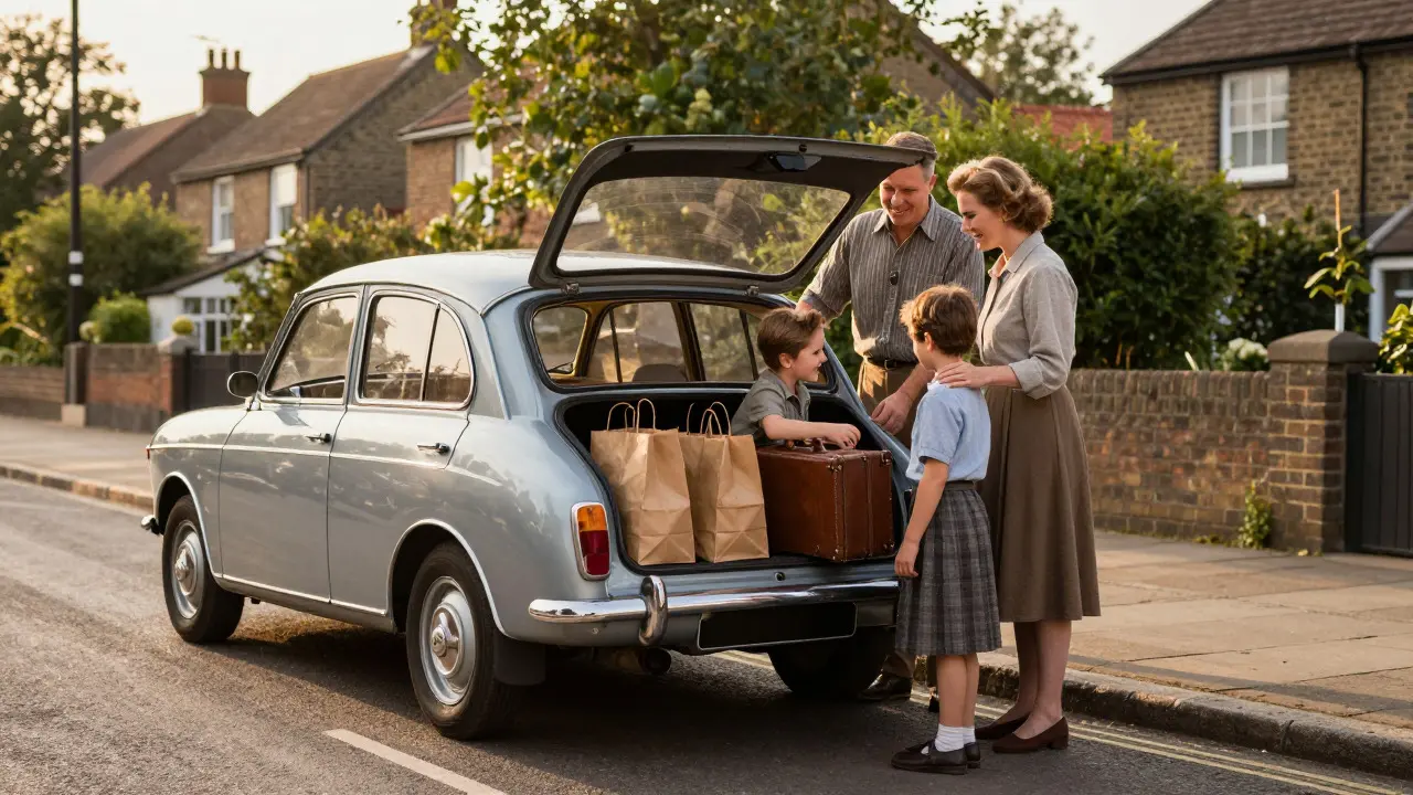 Family loading groceries into the trunk of a Morris Minor on a sunny residential street