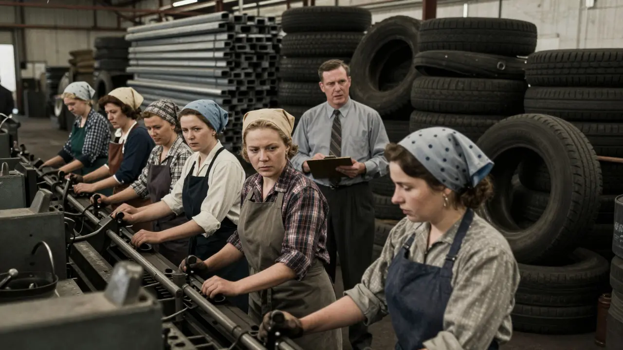 Female workers training on an assembly line in a 1939 auto plant with stacks of steel and rubber behind them
