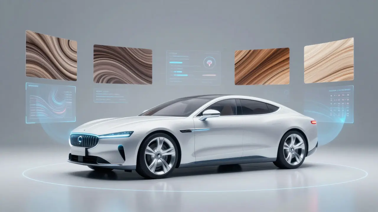 Futuristic concept art of a luxury car with holographic displays