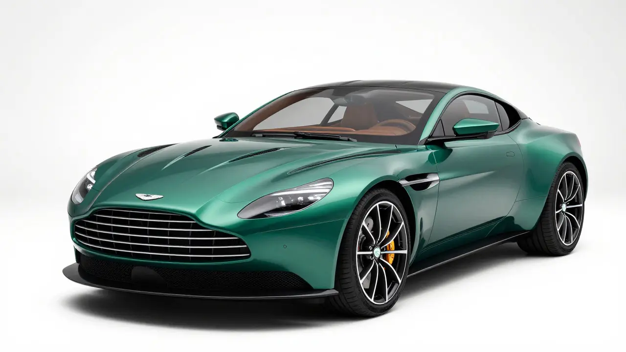 Green Aston Martin DB11 in a studio setting with active aerodynamics
