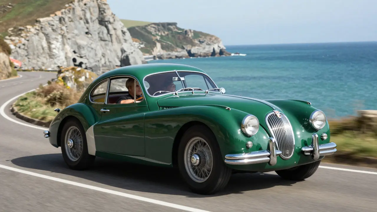 Green Jaguar XK120 driving fast on a winding coastal road