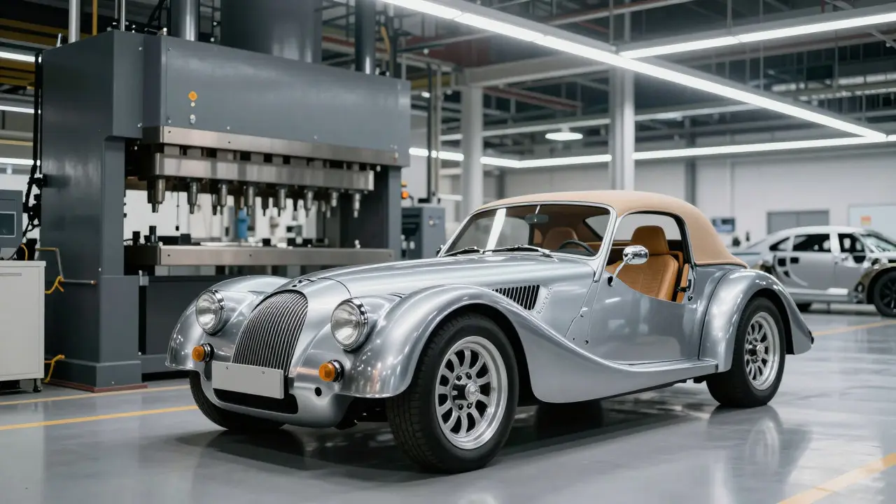 Hand-formed metal panels on a Morgan car in a factory